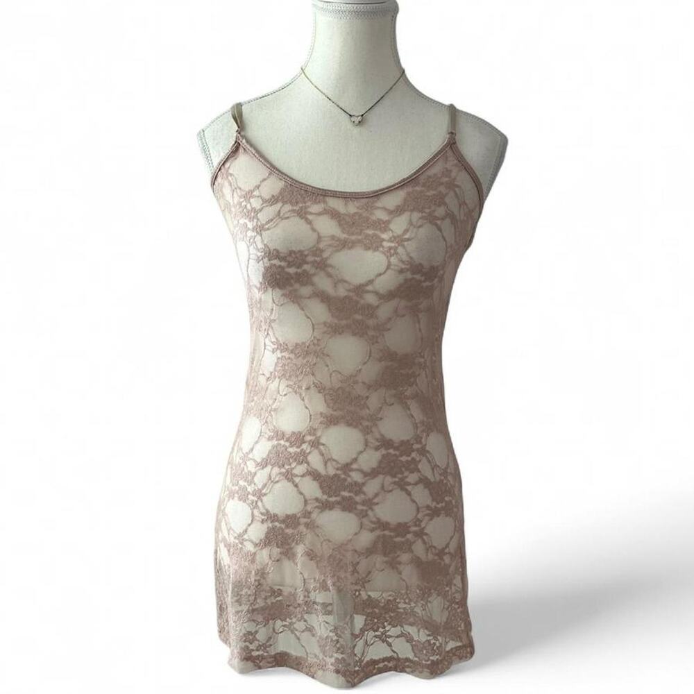 Pink Sheer Lace Y2K Layering Full Length Cami Top Fitted Size Large